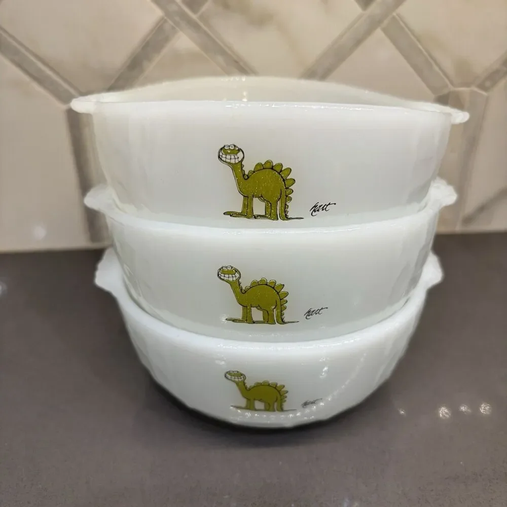 FIVE Vtg Anchor Hocking Fire King BC Johnny Hart Crog Cereal Bowls Dinosaurs